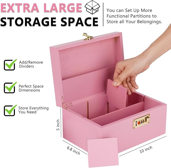 OZCHIN Large Bamboo Box with Combination Lock Decorative box for Home Great Gift Choice Storage Lockbox with Storage Jar, Gifts for Men Women (Pink, 10 x 6.9 x 5 inches)