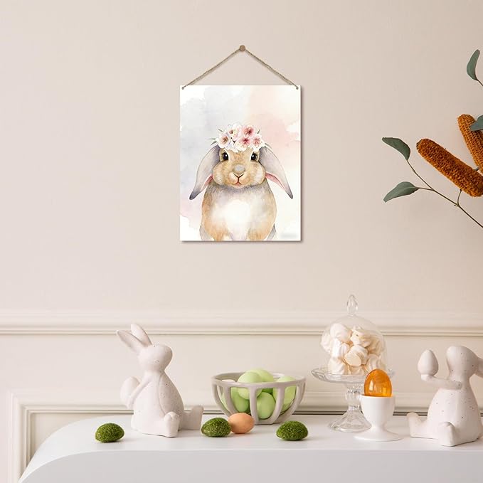 Easter Bunny Sign, Spring Floral Bunny Wooden Hanging Wall Decor, Easter Gifts for Friends Family, Cute Wood Sign for Door Wall Decorations, House Wood Hanging for Garden Yard -04