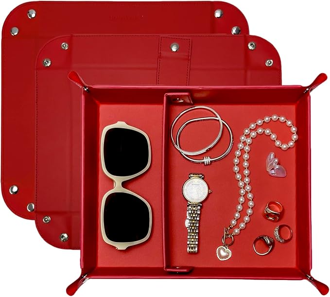UnionBasic Medium Valet Tray, Jewelry Tray for Rings Watches Earrings, Entryway Catchall Caddy for Coins Keys Change, Nightstand Bedside Valet Holder, Trays for Electronic Gadgets, Red Plus