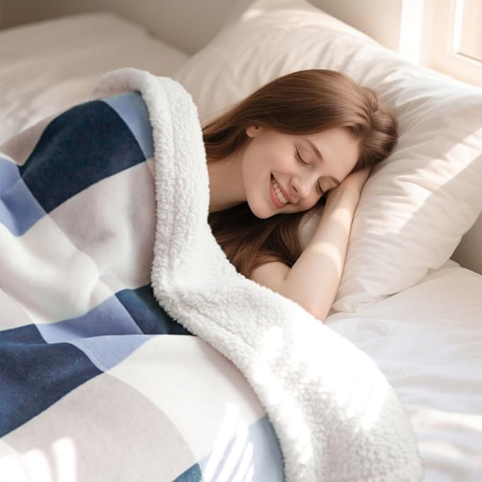 Sherpa Fleece Throw Blanket for Couch, Fluffy Plush Warm Fuzzy Blanket for Women and Men, Cozy Thick Soft Twin Blanket for Bed, Gray-Soft Blue, 60x80 Inches