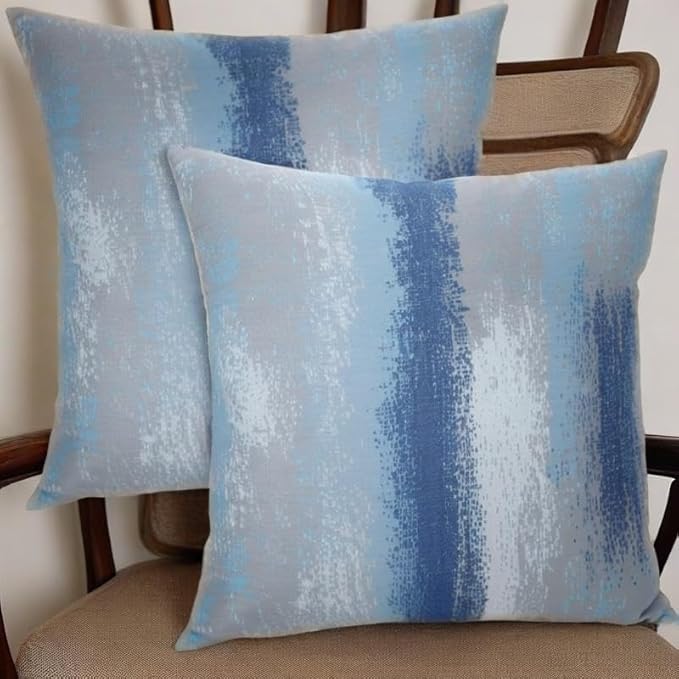 Modern Abstract Decorative Throw Pillow Covers, Blue and Gray Watercolor Design, 18x18 Pillows Linen Pillowcase, Set of 2