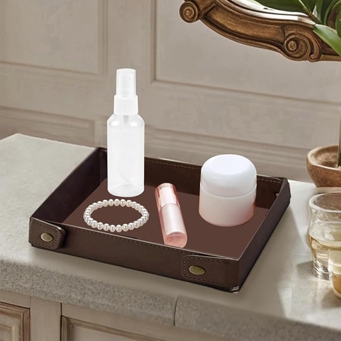 Foldable PU Leather Valet Tray Catchall Travel Dish Plate Dark Brown Leather Jewelry Storage Case Necklace Pendant Organizer Holder Container for Men Women Desk Bedside Drawers