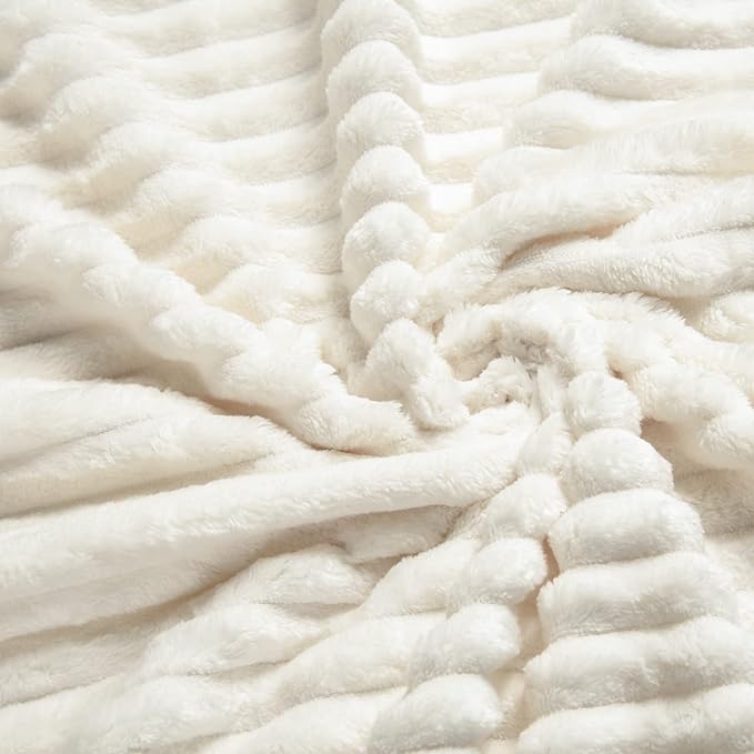 Vessia Flannel Fleece Cream Throw Blanket(50x71 Inch) for Couch with Pillow Cover(18 * 18 Inch), Warm Cozy Soft Striped Pattern Blanket, Microfiber Ivory Ribbed Sofa Throw for All Season