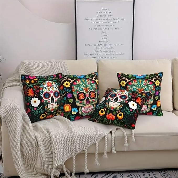 Set of 4 Day of The Dead Skull Linen Pillow Covers 18x18inch, Mexican Style Throw Pillowcase Dia De Los Muertos Decorative Skull with Colorful Floral Cushion Cover for Halloween Outdoor Home Bed Sofa