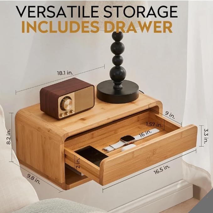 Bamboo Floating Nightstand with Storage Drawer, Wall Mounted Bedside Table End Tables with Open Shelf, Bedside Cabinet Storage Organizer Case Display Box for Bedroom, Fully Assembled