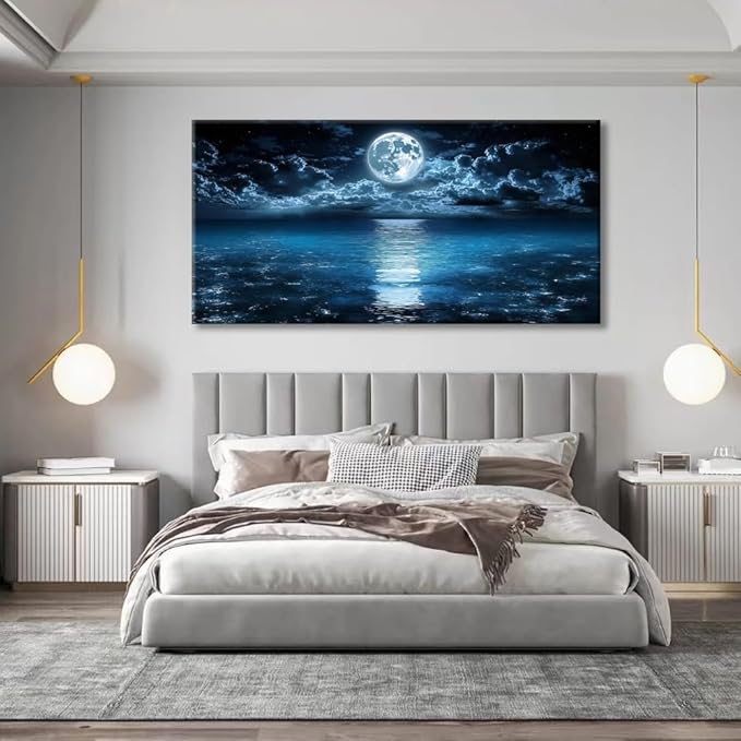 Big Moon Canvas Wall Art - Modern Seascape Paintings for Living Room, Bedroom Wall Decor, Framed Wall Art for Home or Office Decoration, Large Wall Art 20"x40"(50CMx100CM)