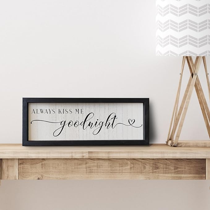 SRSZHIYUE Always Kiss Me Goodnight Sign 16"X6" Farmhouse Above Over Bed Couples Love Quotes Theme Master Bedroom Wall Decor Romantic Wedding Gift Hanging (Black)