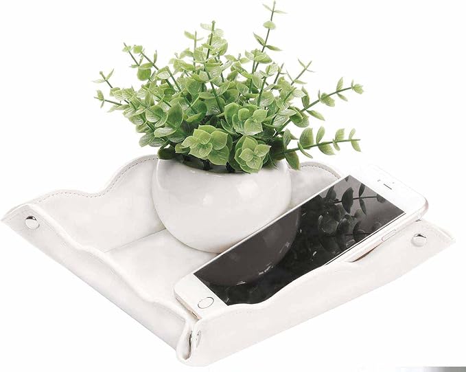 Valet Tray for Men Women 2 Pack - PU Leather Travel Catchall Tray Organizer - Desk Bedside Nightstand Storage Box for Jewelry Key Phone Remote Controller Wallet Watch Glasses Readers -White