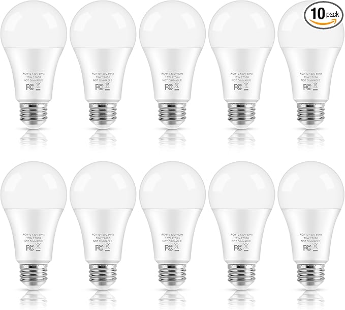 LED Light Bulbs, 100 Watt Equivalent A19 LED Bulbs, 13W 2700K Warm White 1500 Lumens Non-Dimmable Bright E26 Edison Medium Screw Bulbs for Home Bedroom Kitchen Living Room Office Lamp, 10-Pack
