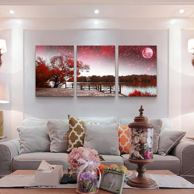 Wall Art for living room Canvas Prints bedroom Wall Decor for bathroom artwork Abstract Painting Red tree moon landscape paintings 16" x 24" 3 Pieces Modern framed office Home decorations for kitchen