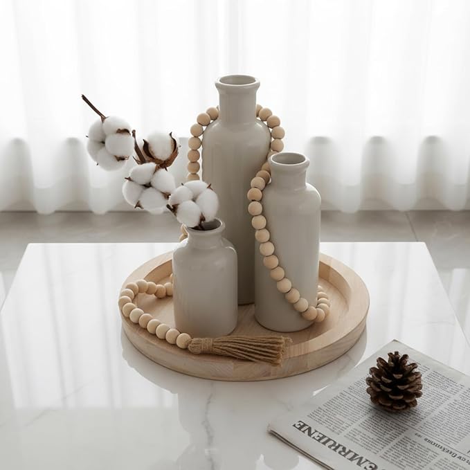 5 Pcs Rustic Country Tabletop Centerpieces Decor Set of 3 Boho Ceramic Vases with Wooden Serving Tray Wood Bead Garland Tassels Table Holder for Home Decorations (Wood Color)