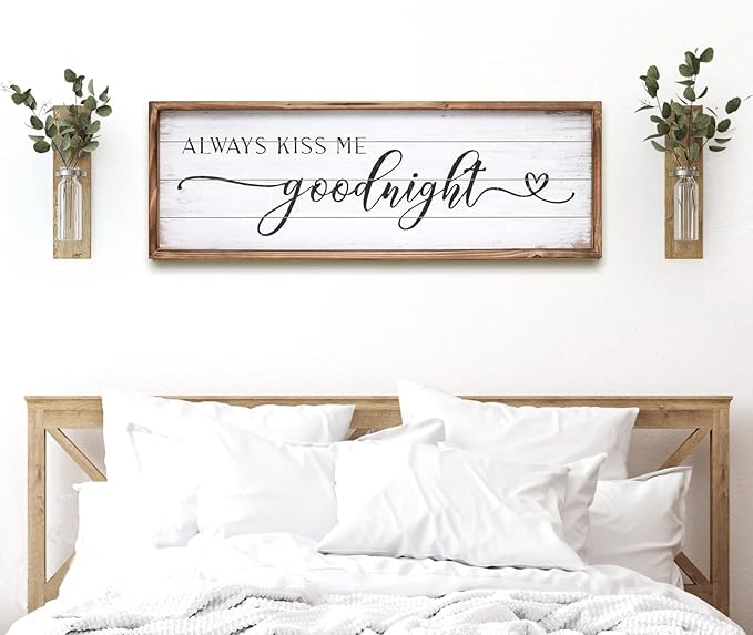 Large Above Bed Wall Decor Bedroom Sign Bedroom Decor with Solid Wood Frame for Couples, Always Kiss Me Goodnight Sign for Bedroom, Love Theme Wall Decor 42''×15''