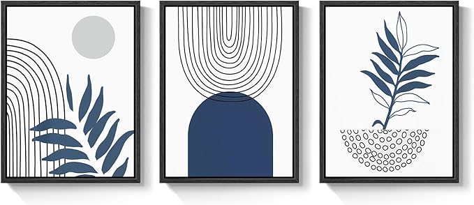 Framed Blue Boho Wall Art for Room Decor, 3 Piece Botanical Line Artwork for Walls, Mid Century Modern Blue Canvas Pictures Prints for Living Room Bedroom Hallway Office Apartment Wall Decor, 12x16 In