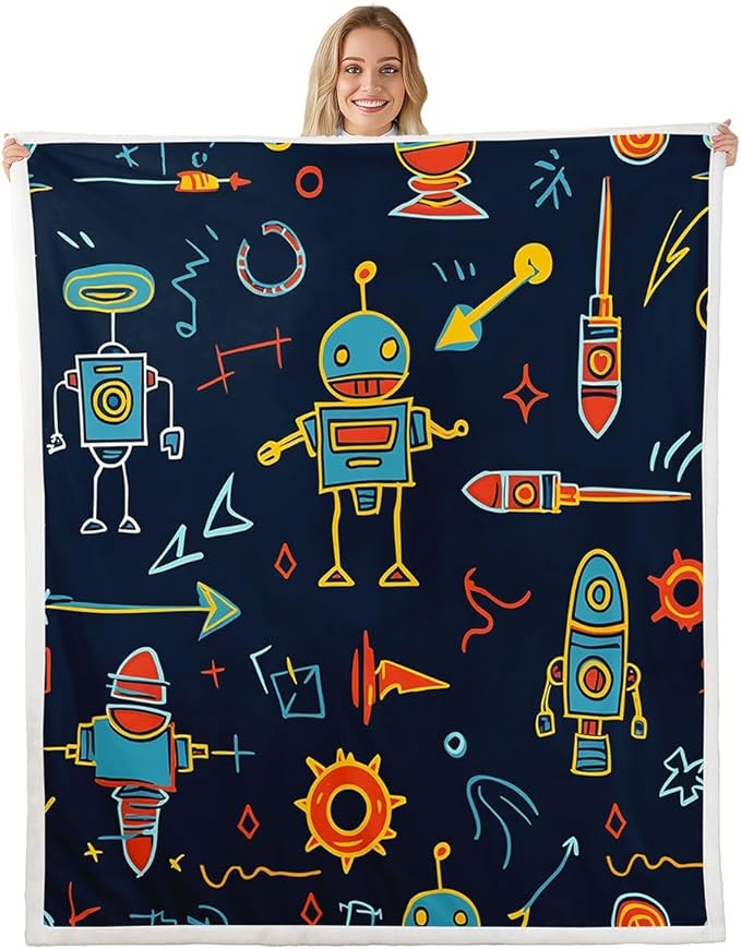 Erosebridal Nursery Robot Sherpa Blanket - Cartoon Rocket Throw for Kids Boys Girls - Gear Machine Science Fuzzy Fleece 40"x50" Blue Orange - Child Sofa Decor