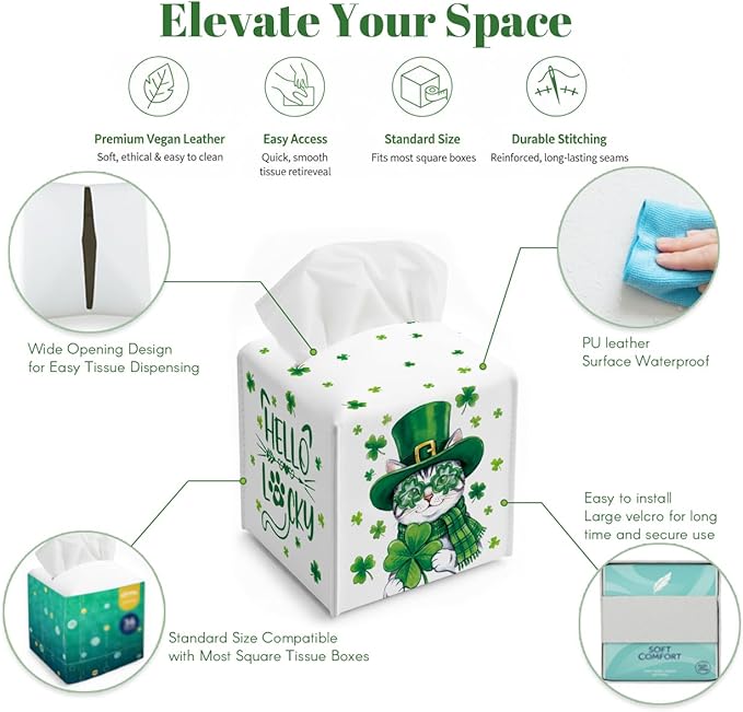 St.Patrick's Day Napkin Tissue Box Cover, Cat Shamrock Waterproof Leather Paper Organizer Dispenser for Table Dining, Bathroom, Nightstand Vanity, Car, Housewarming Gift Ideas, A