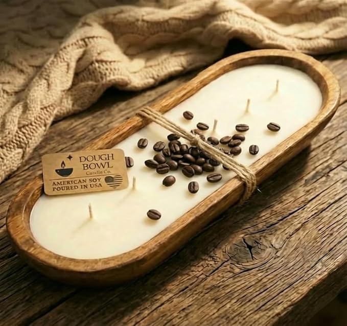 Dough Bowl Candle Co. Vanilla Latte Soy Candle - 6 Wick Rustic Farmhouse Decor Odor Eliminator in Wooden Bowls, 32 Oz Wooden Dough Bowl Candle, All-Natural Gifts for Women or Men, Coffee Table Decor