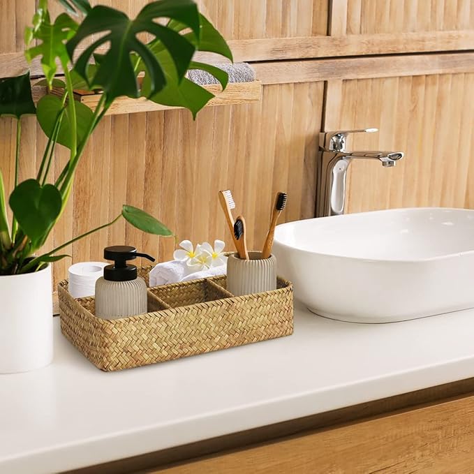 Hand-Woven Storage Baskets Wicker Rattan Divided Basket Organizer for Drawer Baskets for Organizing Cabinet Coffee Table Toilet Paper Storage