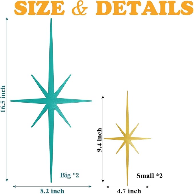sxnzequnze 4 Pack Metal Star Wall Art 8 Pointed Starburst Wall Decor Set with 2 Large & 2 Small Pieces Mid Century Celestial Metal Wall Sculpture for Bedroom Living Room Office Gallery Wall