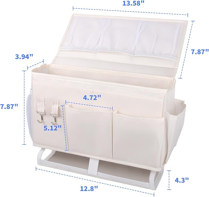 Bedside Caddy for Dorm Bed Bedside Organizer, Bedside Storage with 10 Pockets and Power Strip Holder, Multifunctional Bedside Pocket for Home, College, Dorm, Bunk/Hospital/Crib Bed (Beige)