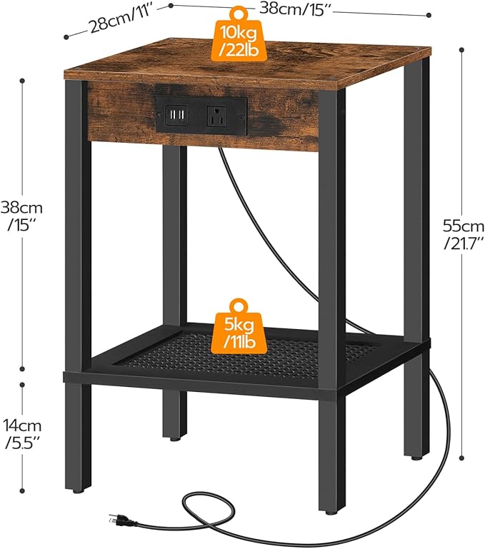HOOBRO Side Table with Charging Station, Set of 2 End Table with USB Ports and Outlet, Nightstand with 2-Tier Storage Shelf, Faux Rattan Decoration, for Small Space, Rustic Brown and Black BF91UBZP201