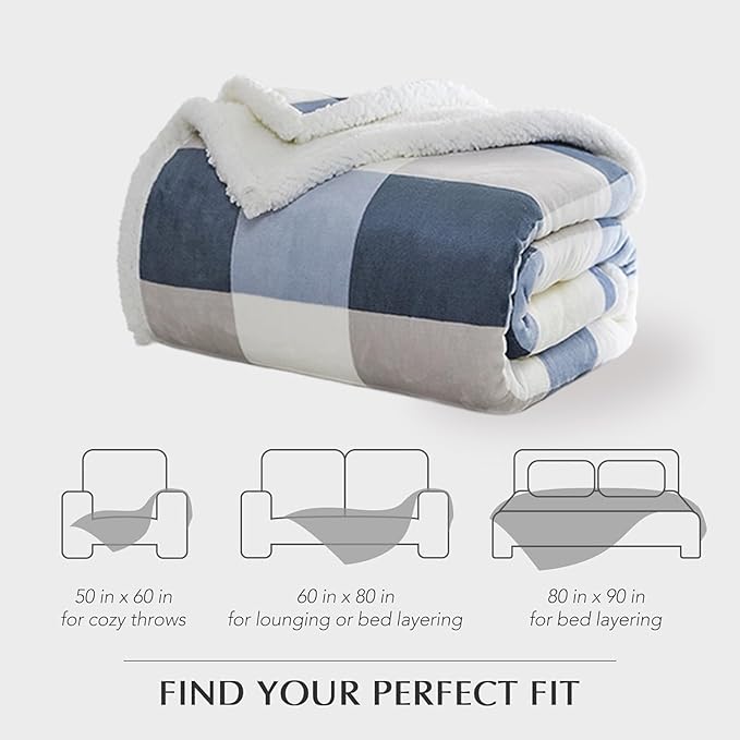 Sherpa Fleece Throw Blanket for Couch, Fluffy Plush Warm Fuzzy Blanket for Women and Men, Cozy Thick Soft Twin Blanket for Bed, Gray-Soft Blue, 80x90 Inches