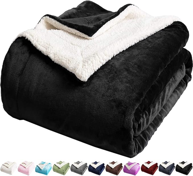 LBRO2M Double Sided Sherpa Blanket Super Soft Fuzzy Plush Warm Cozy Fluffy Throw Reversible Luxurious Blankets (Black, Queen)