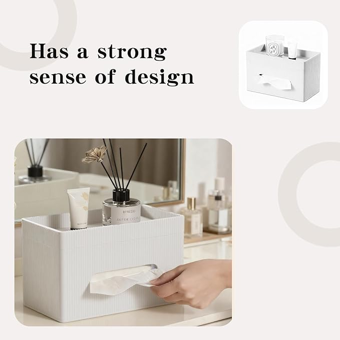 Rectangular Tissue Box Holder with Storage Tray - Large PU Leather Tissue Box Cover, White, Suitable for Bathroom, Nightstand, Office