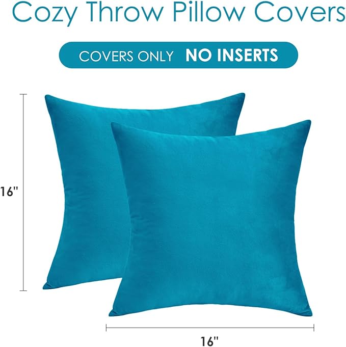 Throw Pillow Covers Decorative Velvet Set of 2 16x16 Inch Pillow Covers, Soft Teal Pillowcases for Couch Sofa Bed Living Room, Farmhouse Home Boho Decor, Square Accent Cushion Covers