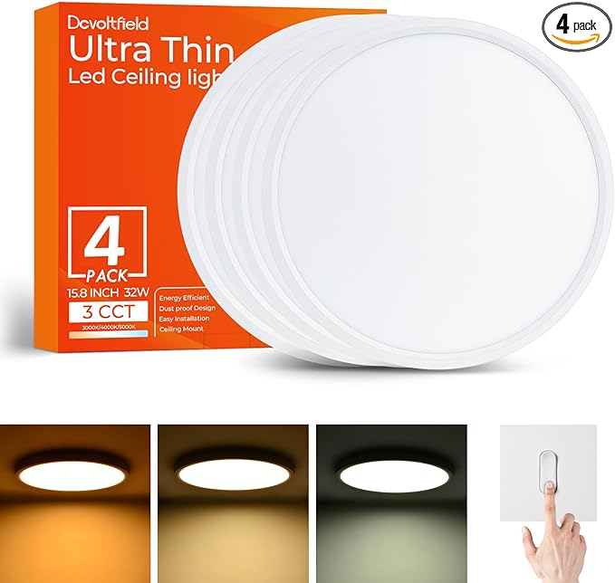 4Pack 15.8Inch LED Flush Mount Ceiling Light Fixture,32W 3200LM,Dimmable CCT 3000K/4000K/5000K,Round Flat Panel Light for Bedroom,0.7Inch Thin Modern Low Profile Ceiling Lights for Hallway,Kitchen