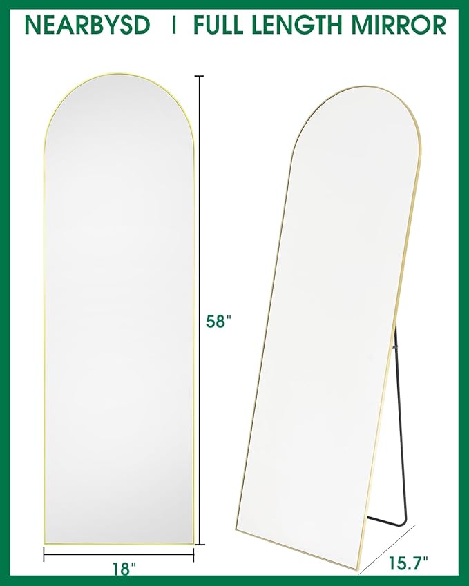 58"x18" Arched Full Length Mirror, Floor Mirror With Stand, Freestanding,Wall Mounted Hanging or Leaning Arched-Top Full Body Mirror for Bedroom, Dressing Room -Gold