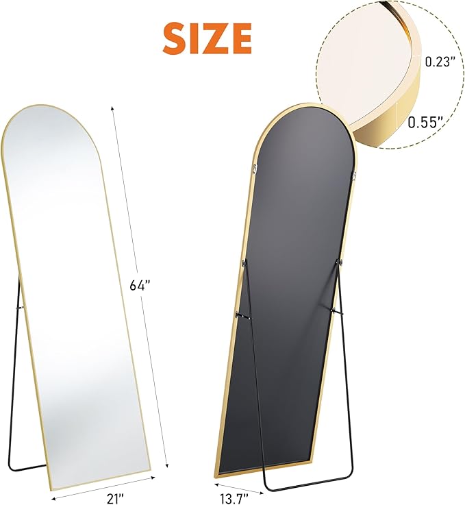 OLIXIS Arched Full Length Mirror 59"x16.3" for Bedroom, Full Body Mirror with Stand, Hanging or Leaning for Wall, Aluminum Alloy Thin Frame Floor Standing for Living Room, Long, Gold