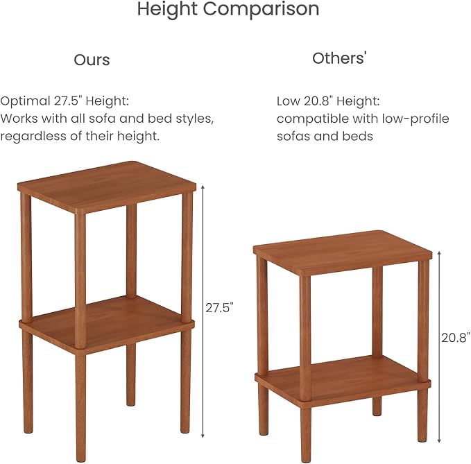 Solid Wood Side Table, 2-Tier Tall End Table with Storage Shelf, Small Nightstand Bedside Table for Bedroom, Living Room, Kids Room & Small Spaces, No-Tool Assembly,(Walnut)