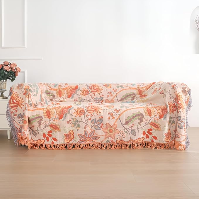 Queen Size Boho Throw Blankets for Bed Couch, 100% Cotton Rustic Quilt 80"x90", Beige,Lightweight Reversible Muslin Farmhouse Decor Fall Throw Blankets for Armchair,Picnic,Sofa,Best Gifts