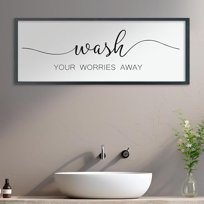 LuZhiQiang Laundry Room Wash Your Worries Away Wall Decor 40"×15" Inspirational Quote Sign for Bathroom Relaxation Room Rustic Farmhouse Large Wooden Framed Wall Hanging Art (Black)
