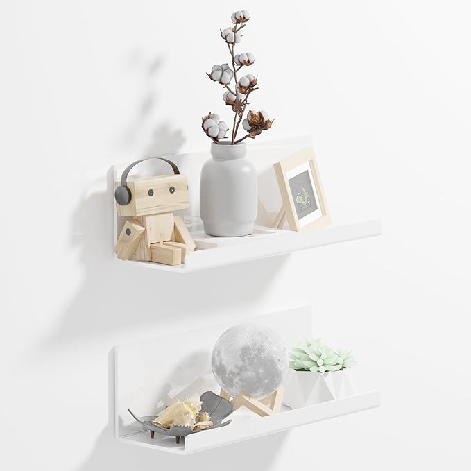 Acrylic Wall Floating Shelves Set of 2, Wall Shelves White 12 Inch Adhesive Wall Organizer Adhesive Shelf for Bathroom, Kitchen, Bedroom, Office, Gaming Room, No Damage, No Drill