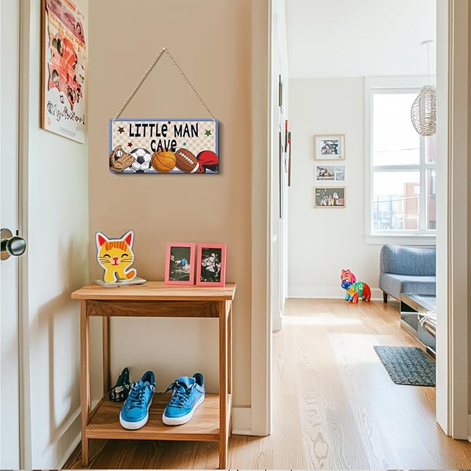 Boys Sports Little Man Cave Sign Boys Room Decor Soccer Basketball Baseball Football Wall Decor Wooden Hanging Plaque Wood Sign Home Bathroom Living Room Farmhouse Playroom Bedroom Nursery Decor