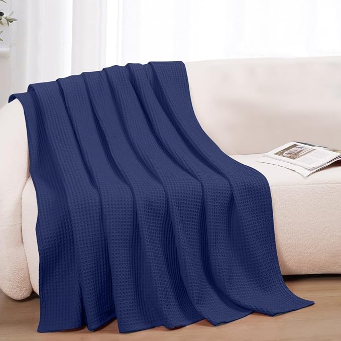 100% Cotton Blankets for Bed - Waffle Weave Blankets for Summer, Lightweight and Breathable Soft Woven Blanket for Spring (Navy, Throw (50" x 60"))