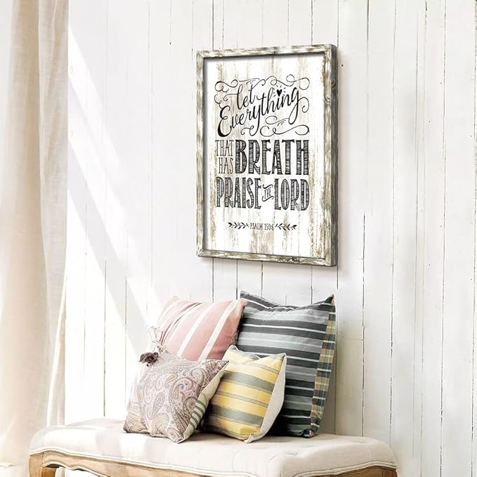 Farmhouse Bible Verses Wall Art: Christian Scripture Wood Framed Decor Rustic Psalm 150-6 Religious Sayings Print Artwork Inspirational Lord Sign Picture for Country Home Living Room