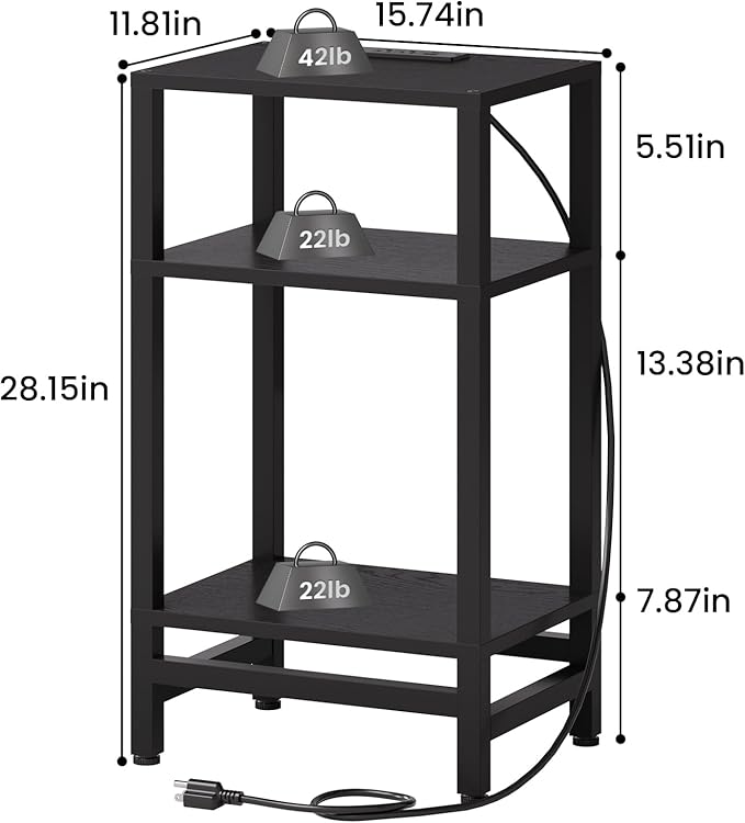 Tall Nightstand with Fast Charging Station, 3 Tier Small Table Stand for Small Space, Skinny Side Table with Type C and USB Port, End Tables for Living Room, Bedroom, Office, Black