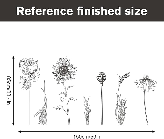 Black Simple Flower Plant Wall Decals, 2 Sheets Large Boho Floral Modern Wall Stickers Peel Stick Sketch Wildflower Wallpaper Art Decor for Bedroom Living Room Office Gifts for Mom(11.8x35.4 in/Sheet)