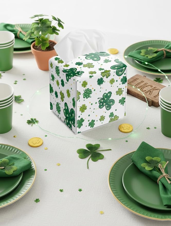 St.Patrick's Day Napkin Tissue Box Cover, Watercolor Shamrock Waterproof Leather Paper Organizer Dispenser for Table Dining, Bathroom, Nightstand Vanity, Car, Housewarming Gift Ideas, E