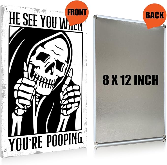 Funny Gothic Bathroom Home Decor Metal Tin Sign: Funny "He Sees You When You Are Pooping?" Bathroom Wall Art Decor for Skull Lovers 8 X 12 Inch
