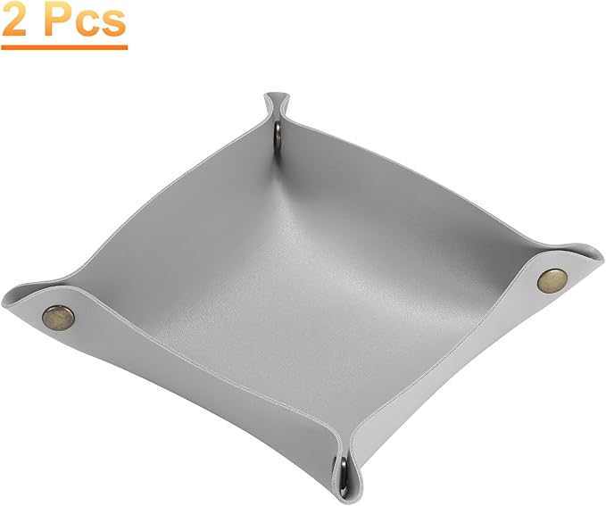 HARFINGTON 2pcs PU Leather Valet Tray Unisex Folding Small Catchall Tray Portable Entryway Table Tray Nightstand Bedside Desk Tray for Key Wallet Watch Coin Jewelry Dice, Gray