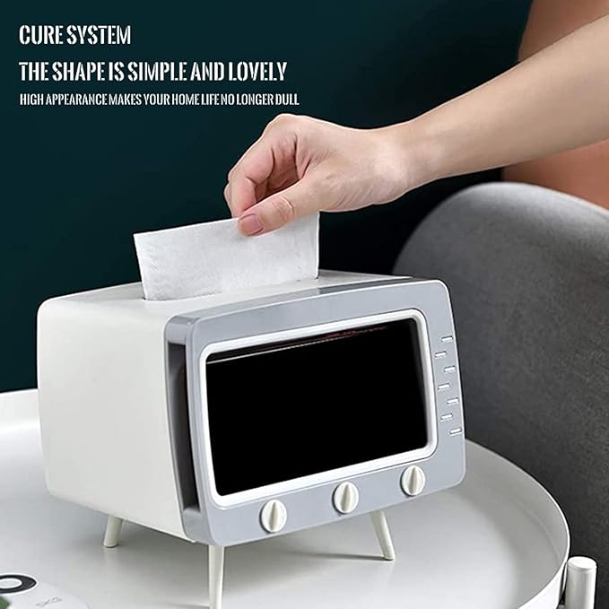 SGVAHY Tissue Box Holder Retro TV Tissue Box Cover Cute and Practical Cell Phone Holder Tampon Holder for Bathroom Kitchen Bedroom Dressers Desks and Tables Night Stands Creative Gift (TV White)
