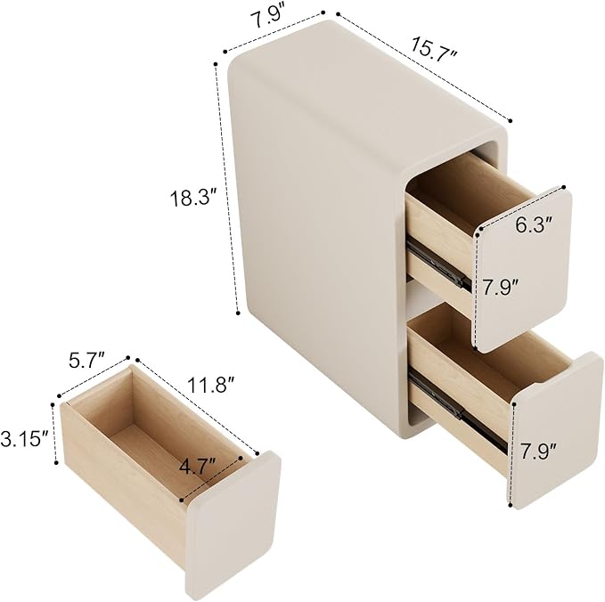 AQIMUELE Narrow Nightstand - Narrow Bedside Table with Drawers, Wood Small Nightstand with Leather Surface for Bedroom, White - 7.9" W