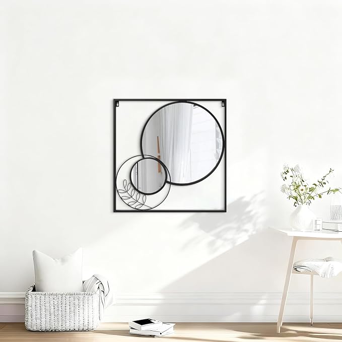 Black Square Mirror, Round Wall Mounted Mirror Set Circle Modern Decorative Mirrors for Living Room Bedroom Entryway 24x24 Inch Decor