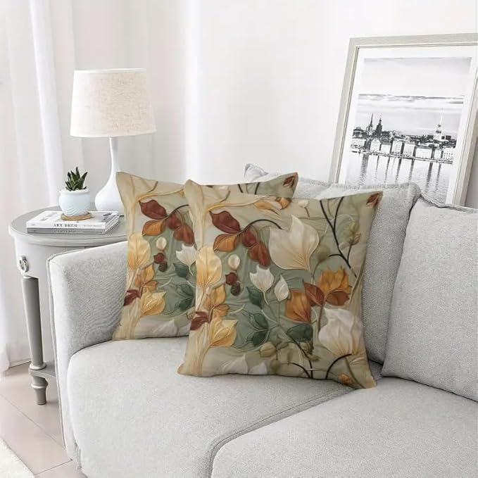 Decorative Throw Pillow Covers, Vintage Floral Pattern in Sage Green and Brown, 2 Pack Square Cushion Cases with Autumn Leaves Design，18x18 Pillows Linen Pillowcase