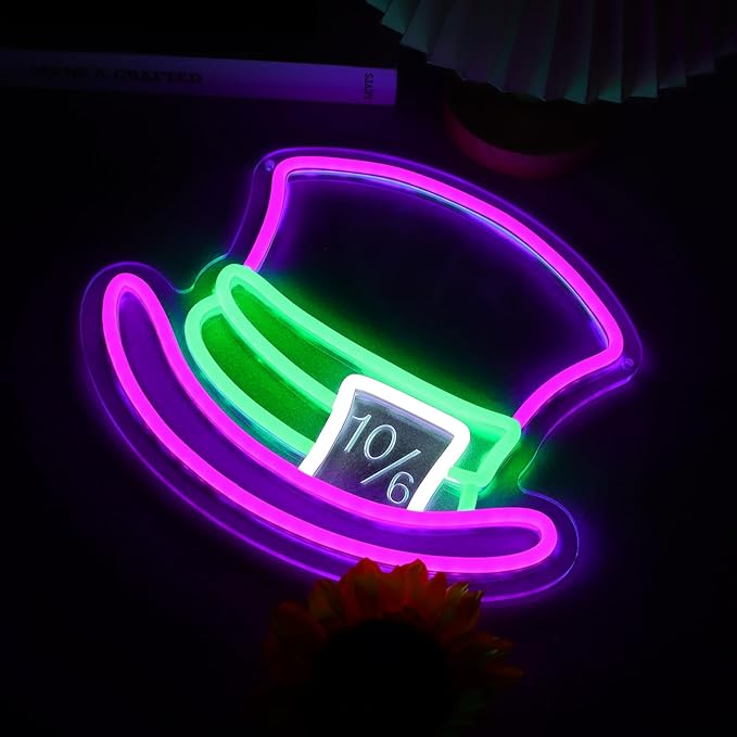 Mad Hatter Hat Neon Signs for Wall Decor Dimmable Alice in Wonderland LED Lights for Bedroom Man Cave Party Bar Background Decoration Birthday and Halloween Gifts, 11.42 * 9.8 Inches