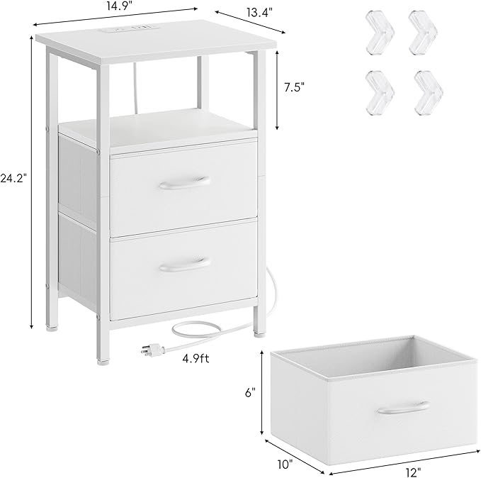 Vagusicc Nightstand Set 2 with Charging Station, End Table with Fabric Drawers, Bedside Table with Open Wood Shelf, 24.2" Tall Side Table with USB Ports & Outlets, Night Stand for Bedroom, White
