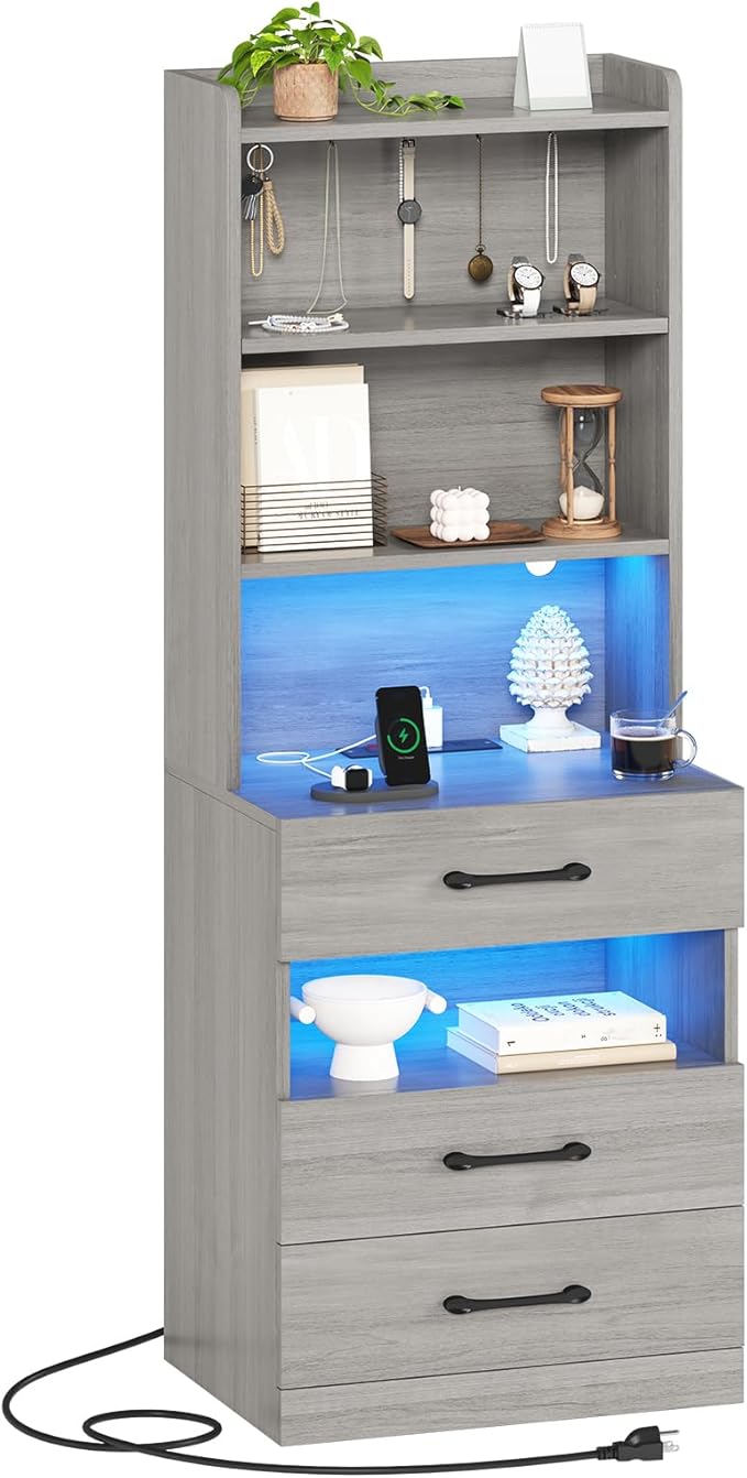 AOGLLATI Tall Nightstand with Charging Station and LED Lights, Night Stand with 3 Drawers and Storage Shelves, Bedside Table with Bookshelf, Modern End Side Table for Bedroom, Grey